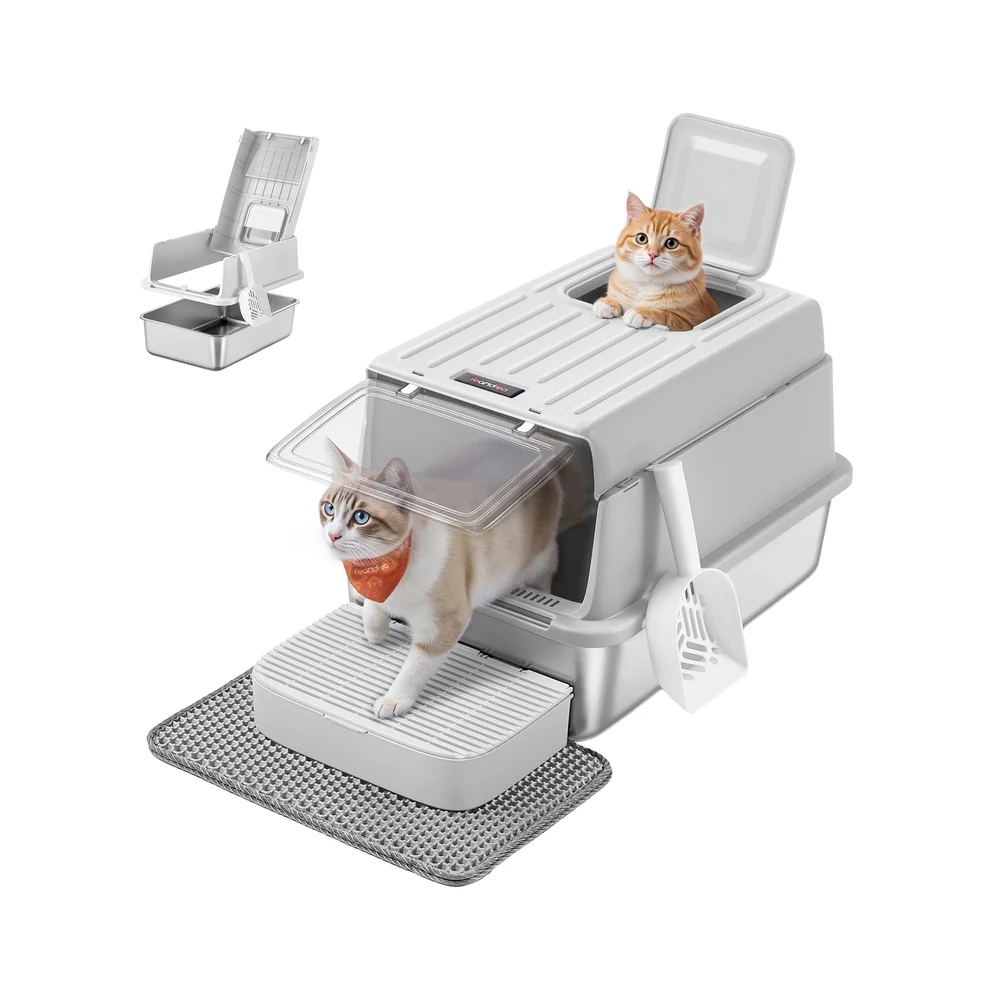 Lettiera per gatti in acciaio inox con accessori completi