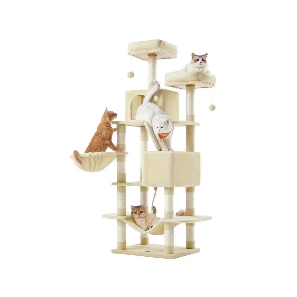 Albero per Gatti Adulti con Graffiatoi Posatoi Grotte Cesto Amaca Pompon - Image 9