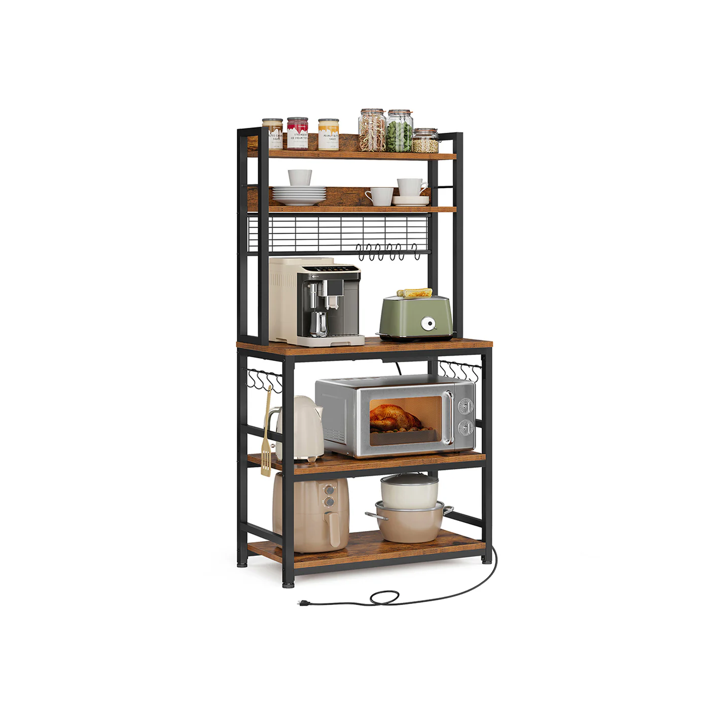 Scaffale Cucina con Multipresa Marrone Vintage e Nero