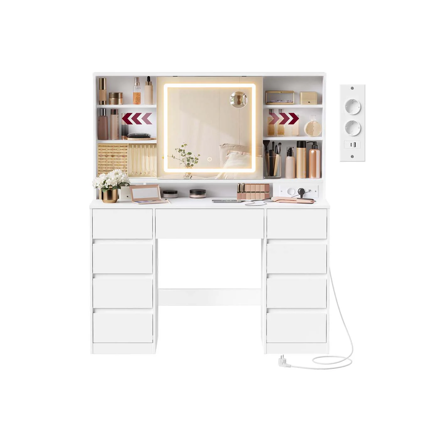 KAILYN Collezione - Toeletta con specchio LED multipresa e nove cassetti